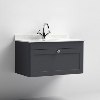 Nuie Classique Wall Hung 1-Drawer Vanity Unit with 1TH White Round Marble Top Basin 800mm Wide - Satin Anthracite