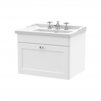 Nuie Classique Wall Hung 1-Drawer Vanity Unit with Traditional Basin 600mm Wide Satin White - 3 Tap Hole