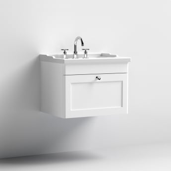 Nuie Classique Wall Hung 1-Drawer Vanity Unit with Traditional Basin 600mm Wide Satin White - 3 Tap Hole