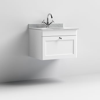 Nuie Classique Wall Hung 1-Drawer Vanity Unit with 1TH Grey Marble Top Basin 600mm Wide - Satin White