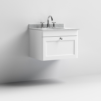 Nuie Classique Wall Hung 1-Drawer Vanity Unit with 3TH Grey Marble Top Basin 600mm Wide - Satin White