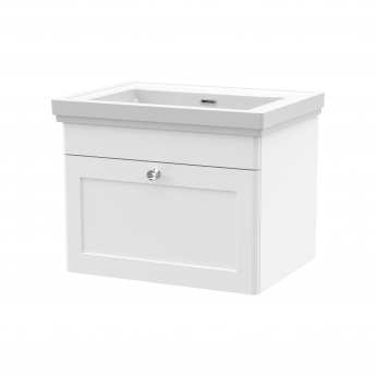 Nuie Classique Wall Hung 1-Drawer Vanity Unit with Classic Basin 600mm Wide Satin White - 0 Tap Hole