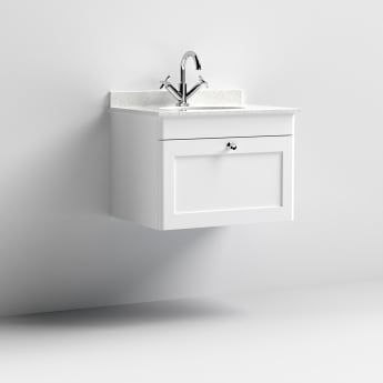 Nuie Classique Wall Hung 1-Drawer Vanity Unit with 1TH White Round Marble Top Basin 600mm Wide - Satin White