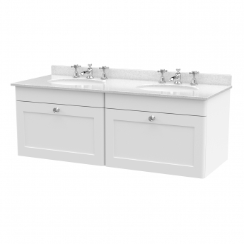 Nuie Classique Wall Hung 2-Drawer Vanity Unit with 3TH White Round Marble Top Basin 1200mm Wide - Satin White