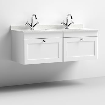 Nuie Classique Wall Hung 2-Drawer Vanity Unit with 1TH White Square Marble Top Basin 1200mm Wide - Satin White