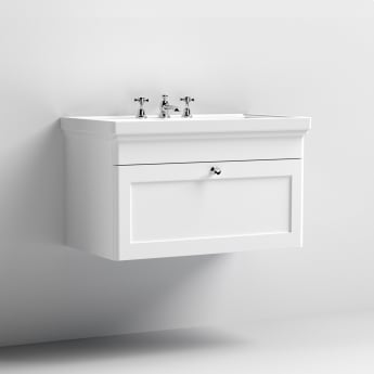 Nuie Classique Wall Hung 1-Drawer Vanity Unit with Basin 800mm Wide Satin White - 3 Tap Hole