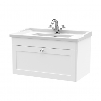 Nuie Classique Wall Hung 1-Drawer Vanity Unit with Traditional Basin 800mm Wide Satin White - 1 Tap Hole