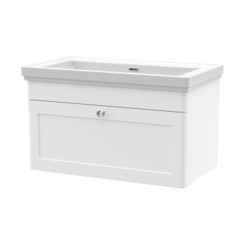 Nuie Classique Wall Hung 1-Drawer Vanity Unit with Traditional Basin 800mm Wide Satin White - 0 Tap Hole