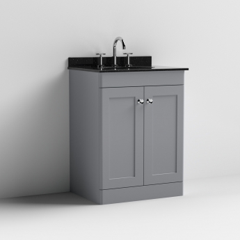 Nuie Classique Floor Standing 2-Door Vanity Unit with 3TH Black Marble Top Basin 600mm Wide - Satin Grey