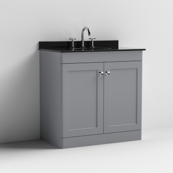 Nuie Classique Floor Standing 2-Door Vanity Unit with 3TH Black Marble Top Basin 800mm Wide - Satin Grey