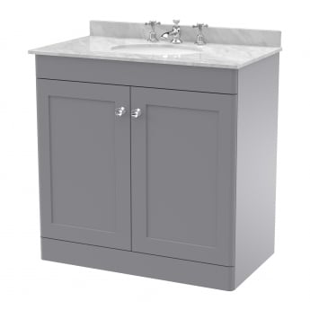 Nuie Classique Floor Standing 2-Door Vanity Unit with 3TH Grey Marble Top Basin 800mm Wide - Satin Grey