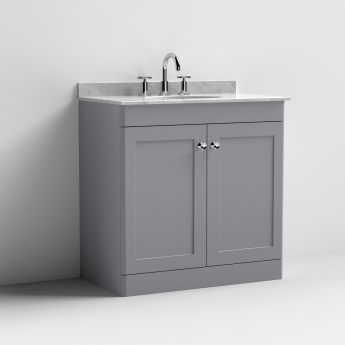 Nuie Classique Floor Standing 2-Door Vanity Unit with 3TH Grey Marble Top Basin 800mm Wide - Satin Grey