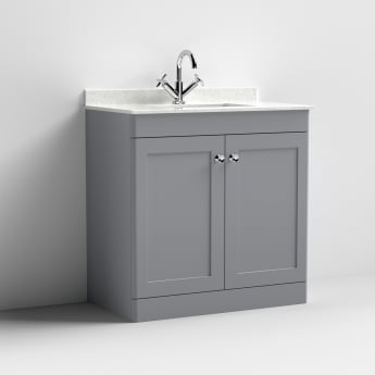 Nuie Classique Floor Standing 2-Door Vanity Unit with 1TH White Square Marble Top Basin 800mm Wide - Satin Grey