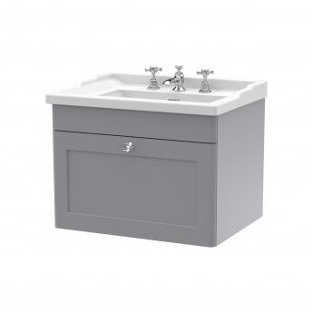 Nuie Classique Wall Hung 1-Drawer Vanity Unit with Traditional Basin 600mm Wide Satin Grey - 3 Tap Hole