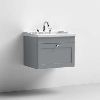 Nuie Classique Wall Hung 1-Drawer Vanity Unit with Traditional Basin 600mm Wide Satin Grey - 3 Tap Hole