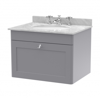 Nuie Classique Wall Hung 1-Drawer Vanity Unit with 3TH Grey Marble Top Basin 600mm Wide - Satin Grey