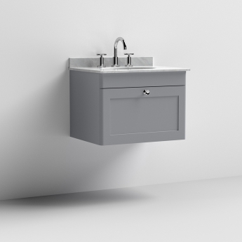 Nuie Classique Wall Hung 1-Drawer Vanity Unit with 3TH Grey Marble Top Basin 600mm Wide - Satin Grey