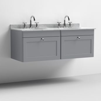 Nuie Classique Wall Hung 2-Drawer Vanity Unit with 3TH Grey Marble Top Basin 1200mm Wide - Satin Grey