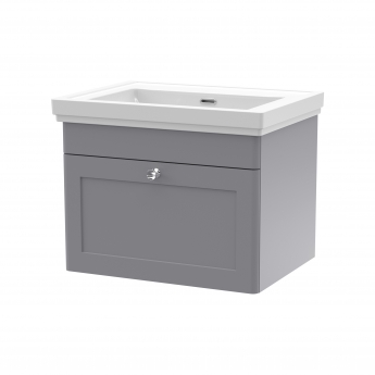 Nuie Classique Wall Hung 1-Drawer Vanity Unit with Classic Basin 600mm Wide Satin Grey - 0 Tap Hole