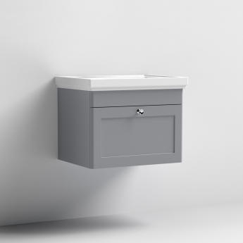 Nuie Classique Wall Hung 1-Drawer Vanity Unit with Classic Basin 600mm Wide Satin Grey - 0 Tap Hole