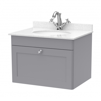 Nuie Classique Wall Hung 1-Drawer Vanity Unit with 1TH White Round Marble Top Basin 600mm Wide - Satin Grey