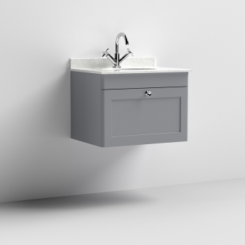 Nuie Classique Wall Hung 1-Drawer Vanity Unit with 1TH White Round Marble Top Basin 600mm Wide - Satin Grey