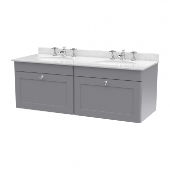 Nuie Classique Wall Hung 2-Drawer Vanity Unit with 3TH White Round Marble Top Basin 1200mm Wide - Satin Grey