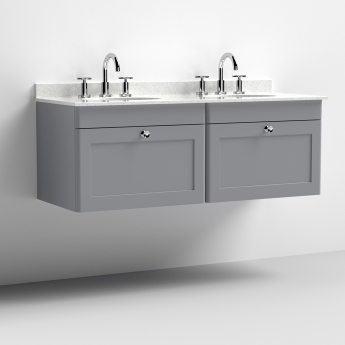 Nuie Classique Wall Hung 2-Drawer Vanity Unit with 3TH White Round Marble Top Basin 1200mm Wide - Satin Grey