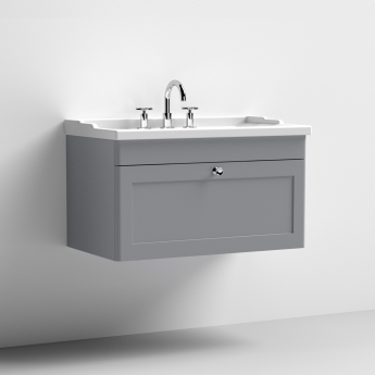 Nuie Classique Wall Hung 1-Drawer Vanity Unit with Traditional Basin 800mm Wide Satin Grey - 3 Tap Hole