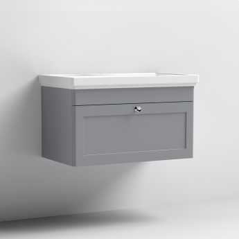 Nuie Classique Wall Hung 1-Drawer Vanity Unit with Traditional Basin 800mm Wide Satin Grey - 0 Tap Hole