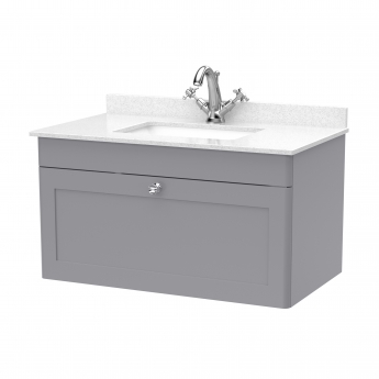 Nuie Classique Wall Hung 1-Drawer Vanity Unit with 1TH White Square Marble Top Basin 800mm Wide - Satin Grey