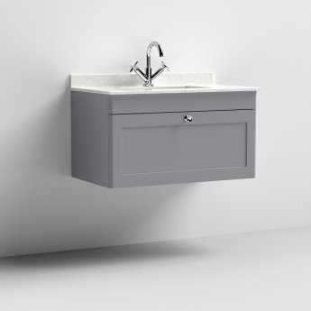 Nuie Classique Wall Hung 1-Drawer Vanity Unit with 1TH White Square Marble Top Basin 800mm Wide - Satin Grey