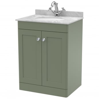 Nuie Classique Floor Standing 2-Door Vanity Unit with 1TH Grey Marble Top Basin 600mm Wide - Satin Green