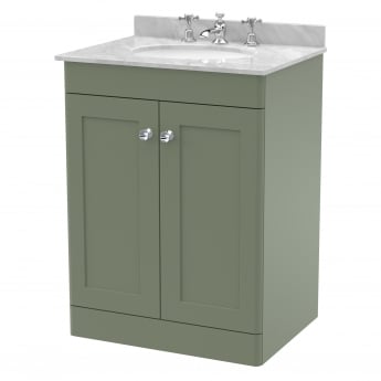 Nuie Classique Floor Standing 2-Door Vanity Unit with 3TH Grey Marble Top Basin 600mm Wide - Satin Green