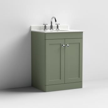 Nuie Classique Floor Standing 2-Door Vanity Unit with 3TH White Round Marble Top Basin 600mm Wide - Satin Green