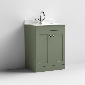 Nuie Classique Floor Standing 2-Door Vanity Unit with 1TH White Square Marble Top Basin 600mm Wide - Satin Green