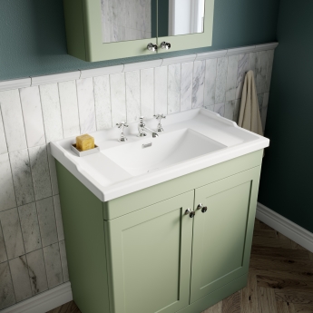 Nuie Classique Floor Standing 2-Door Vanity Unit with Traditional Basin 800mm Wide Satin Green - 3 Tap Hole