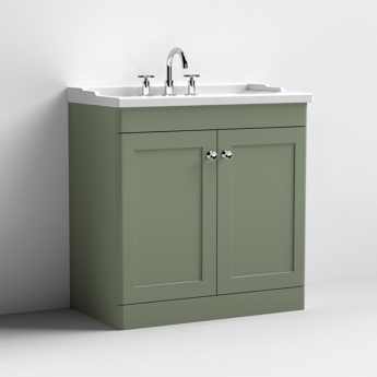 Nuie Classique Floor Standing 2-Door Vanity Unit with Traditional Basin 800mm Wide Satin Green - 3 Tap Hole