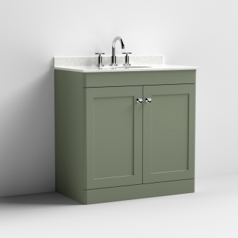 Nuie Classique Floor Standing 2-Door Vanity Unit with 3TH White Round Marble Top Basin 800mm Wide - Satin Green