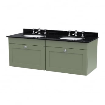 Nuie Classique Wall Hung 2-Drawer Vanity Unit with 3TH Black Marble Top Basin 1200mm Wide - Satin Green