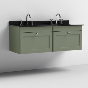 Nuie Classique Wall Hung 2-Drawer Vanity Unit with 3TH Black Marble Top Basin 1200mm Wide - Satin Green