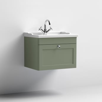 Nuie Classique Wall Hung 1-Drawer Vanity Unit with Traditional Basin 600mm Wide Satin Green - 1 Tap Hole