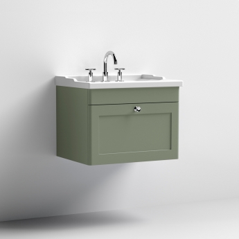 Nuie Classique Wall Hung 1-Drawer Vanity Unit with Traditional Basin 600mm Wide Satin Green - 3 Tap Hole