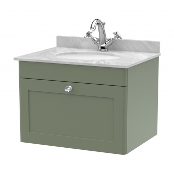 Nuie Classique Wall Hung 1-Drawer Vanity Unit with 1TH Grey Marble Top Basin 600mm Wide - Satin Green