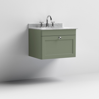 Nuie Classique Wall Hung 1-Drawer Vanity Unit with 3TH Grey Marble Top Basin 600mm Wide - Satin Green