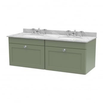 Nuie Classique Wall Hung 2-Drawer Vanity Unit with 3TH Grey Marble Top Basin 1200mm Wide - Satin Green