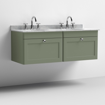 Nuie Classique Wall Hung 2-Drawer Vanity Unit with 3TH Grey Marble Top Basin 1200mm Wide - Satin Green