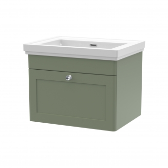 Nuie Classique Wall Hung 1-Drawer Vanity Unit with Classic Basin 600mm Wide Satin Green - 0 Tap Hole