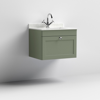 Nuie Classique Wall Hung 1-Drawer Vanity Unit with 1TH White Square Marble Top Basin 600mm Wide - Satin Green