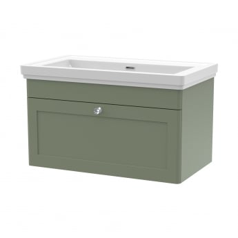 Nuie Classique Wall Hung 1-Drawer Vanity Unit with Traditional Basin 800mm Wide Satin Green - 0 Tap Hole